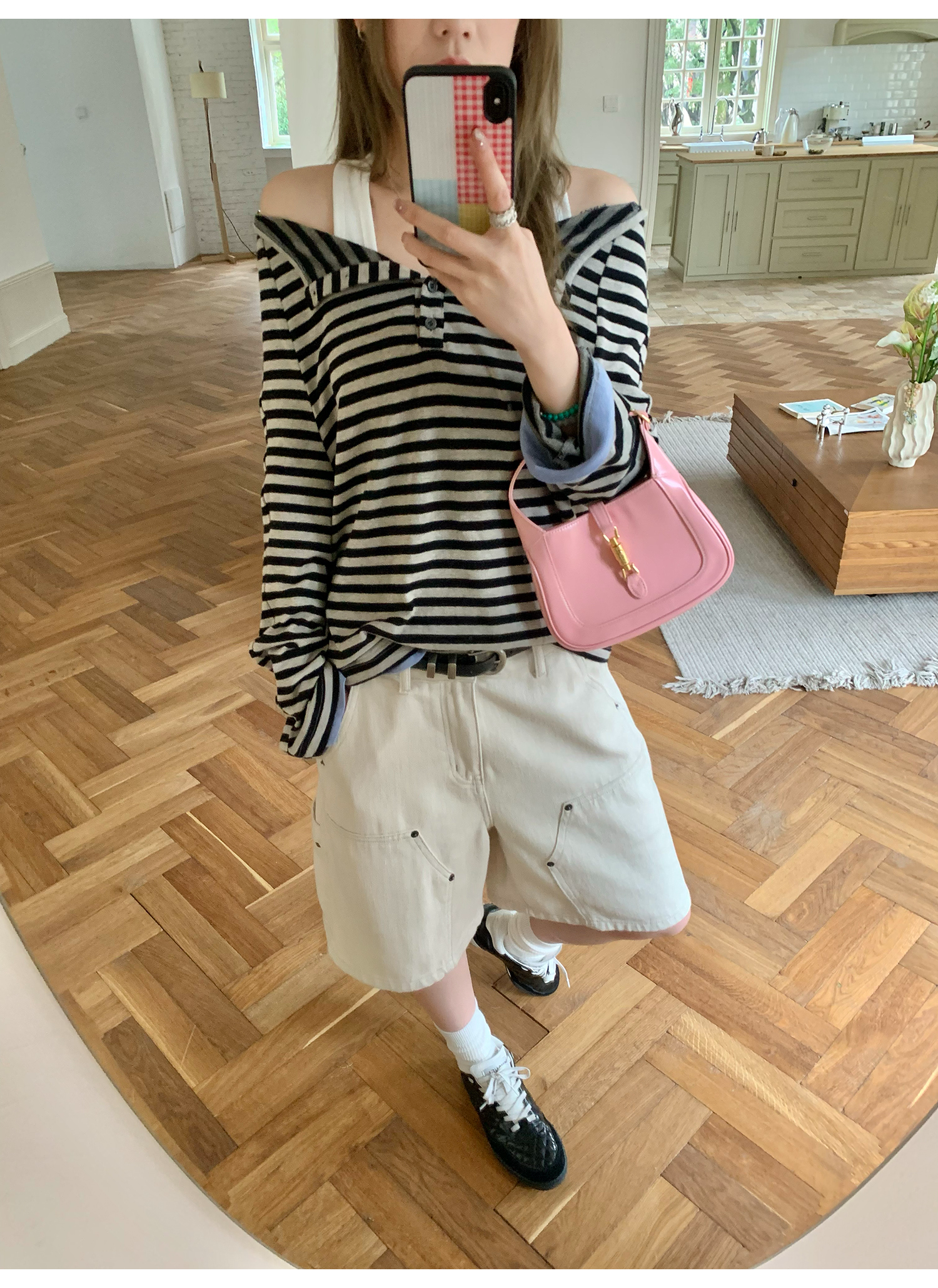 LelyMooch  オフショルダー ストライプ ロンTシャツ  LEM120