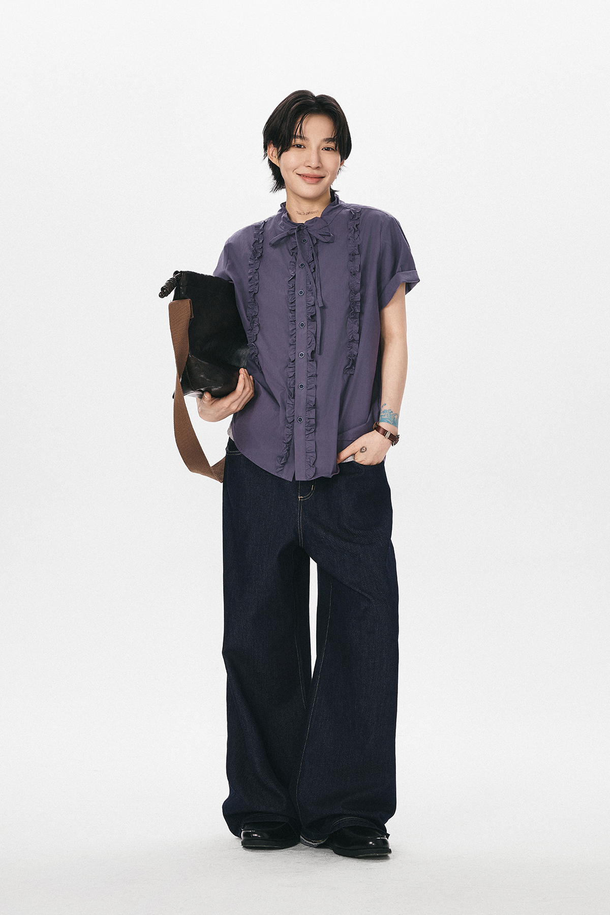 フリルリボン付き半袖シャツ  LOM028