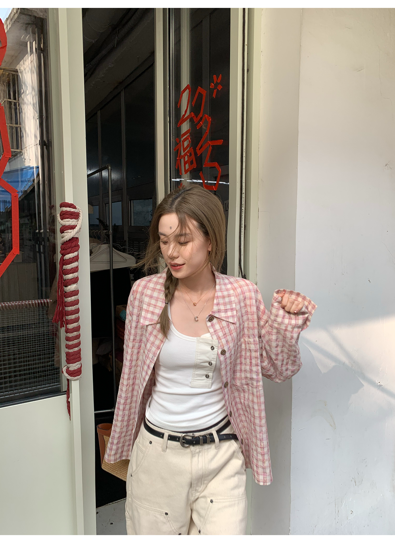 LelyMooch ピンクチェック リネン風　シャツジャケット  LEM119