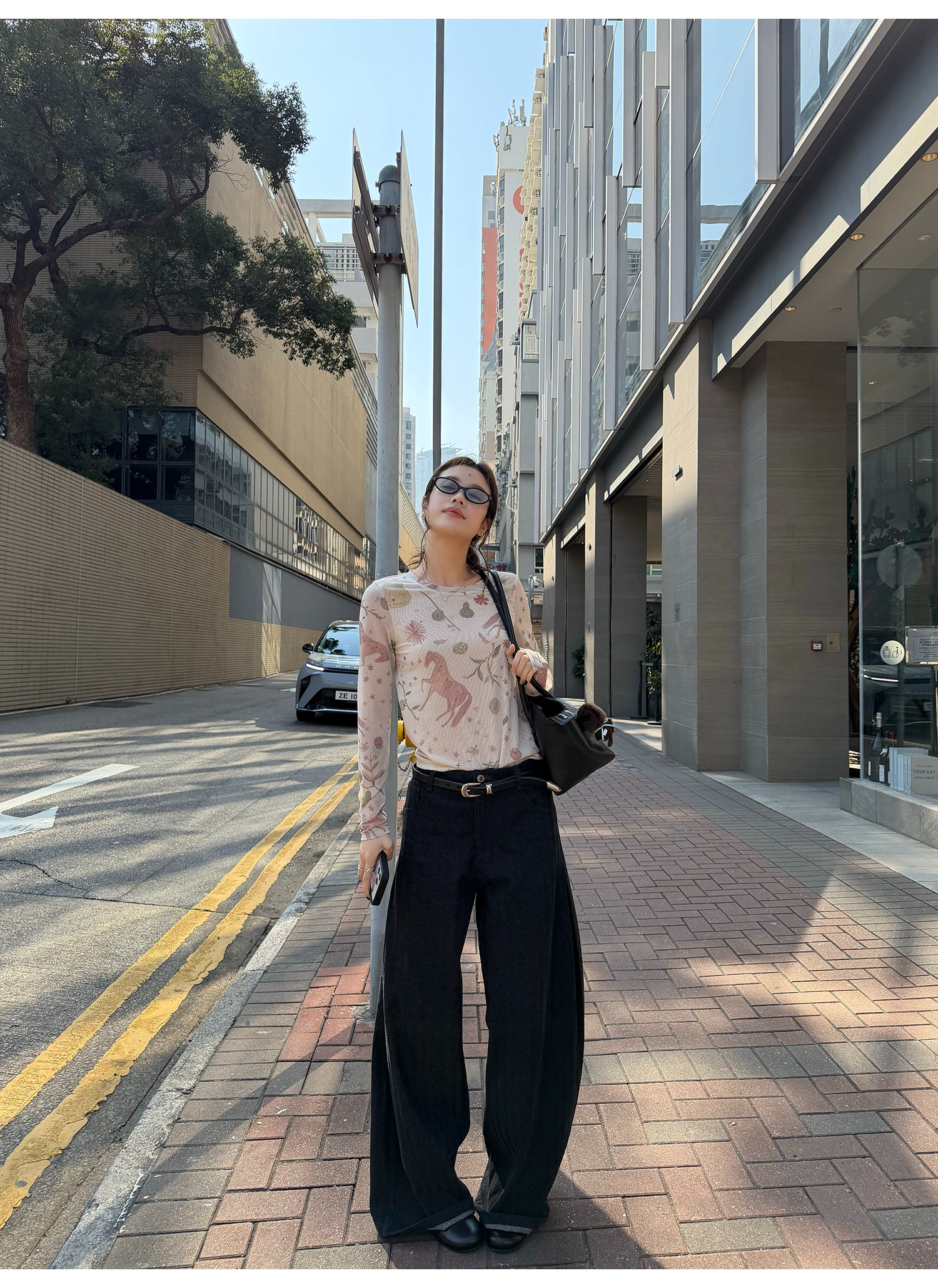 LelyMooch 黒グレー縞柄 すっきりストレートデニム　LEM319