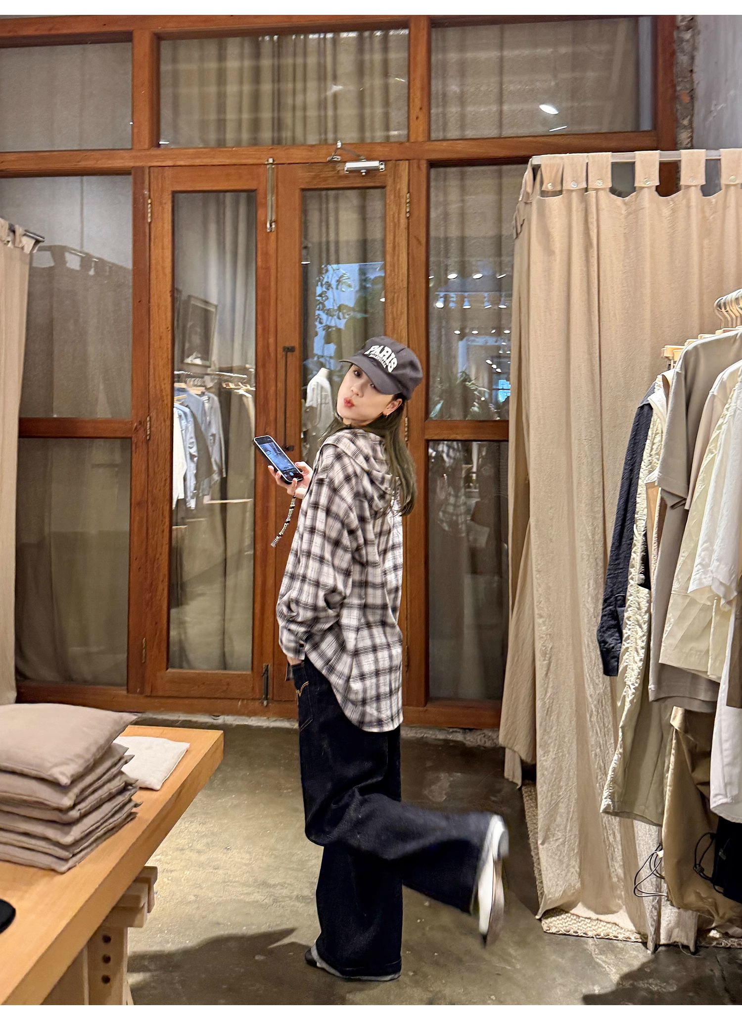 LelyMooch  フード付きミディ丈長袖チェックシャツ  LEM101