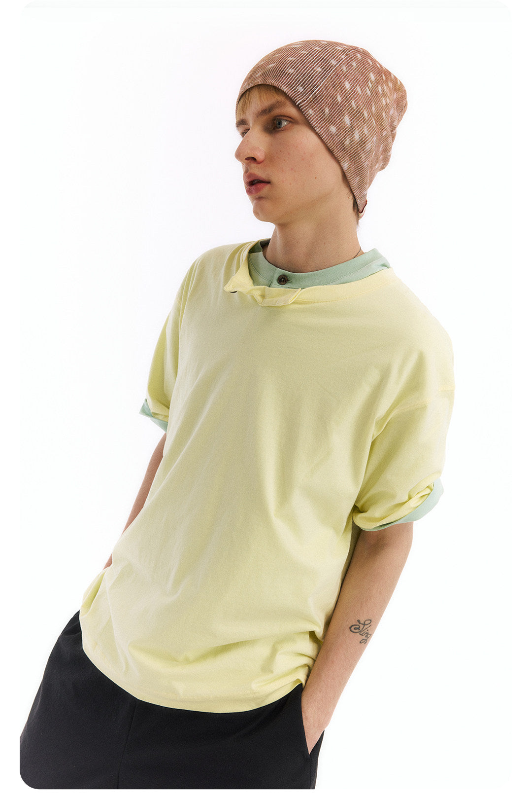 ヘンリーネック 半袖Tシャツ隠しポケット付き  LOM065