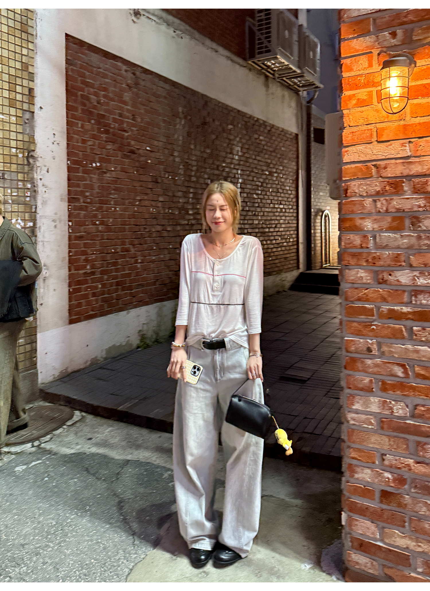 LelyMooch シアー素材×配色ステッチ ヘンリーネック七分袖  LEM178