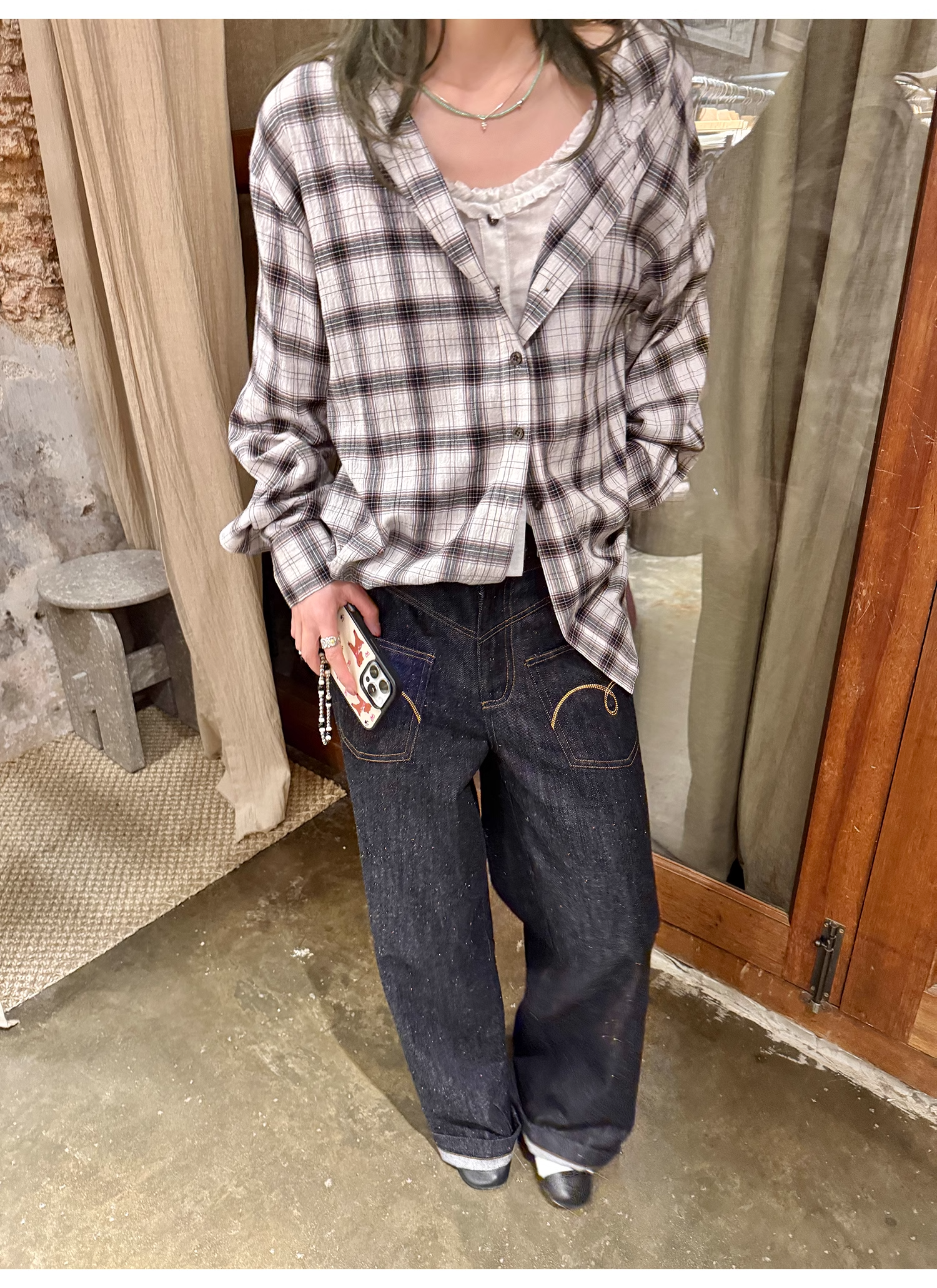 LelyMooch  フード付きミディ丈長袖チェックシャツ  LEM101