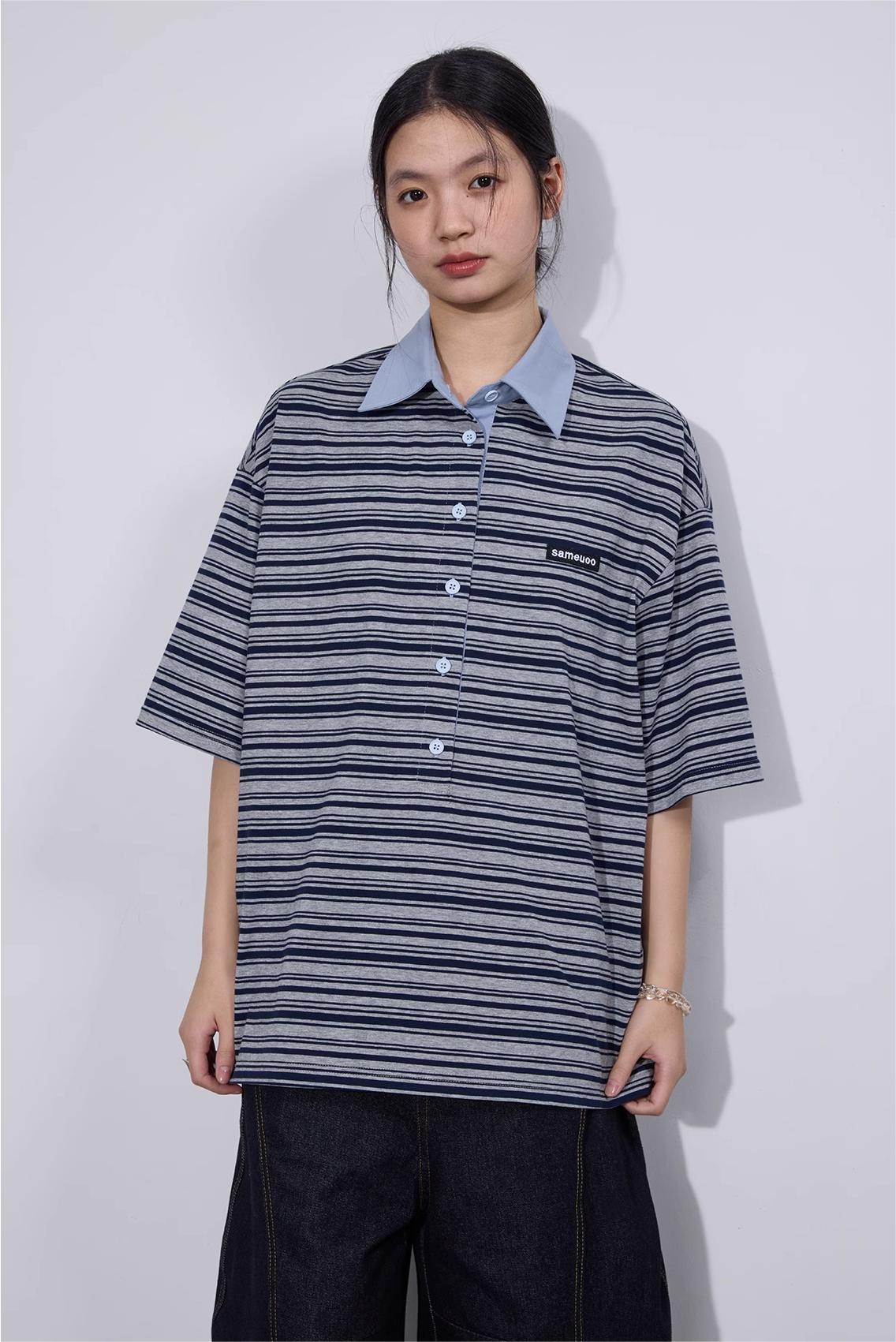 LoomL  ポロカラー ストライプ半袖Tシャツ  LOM016