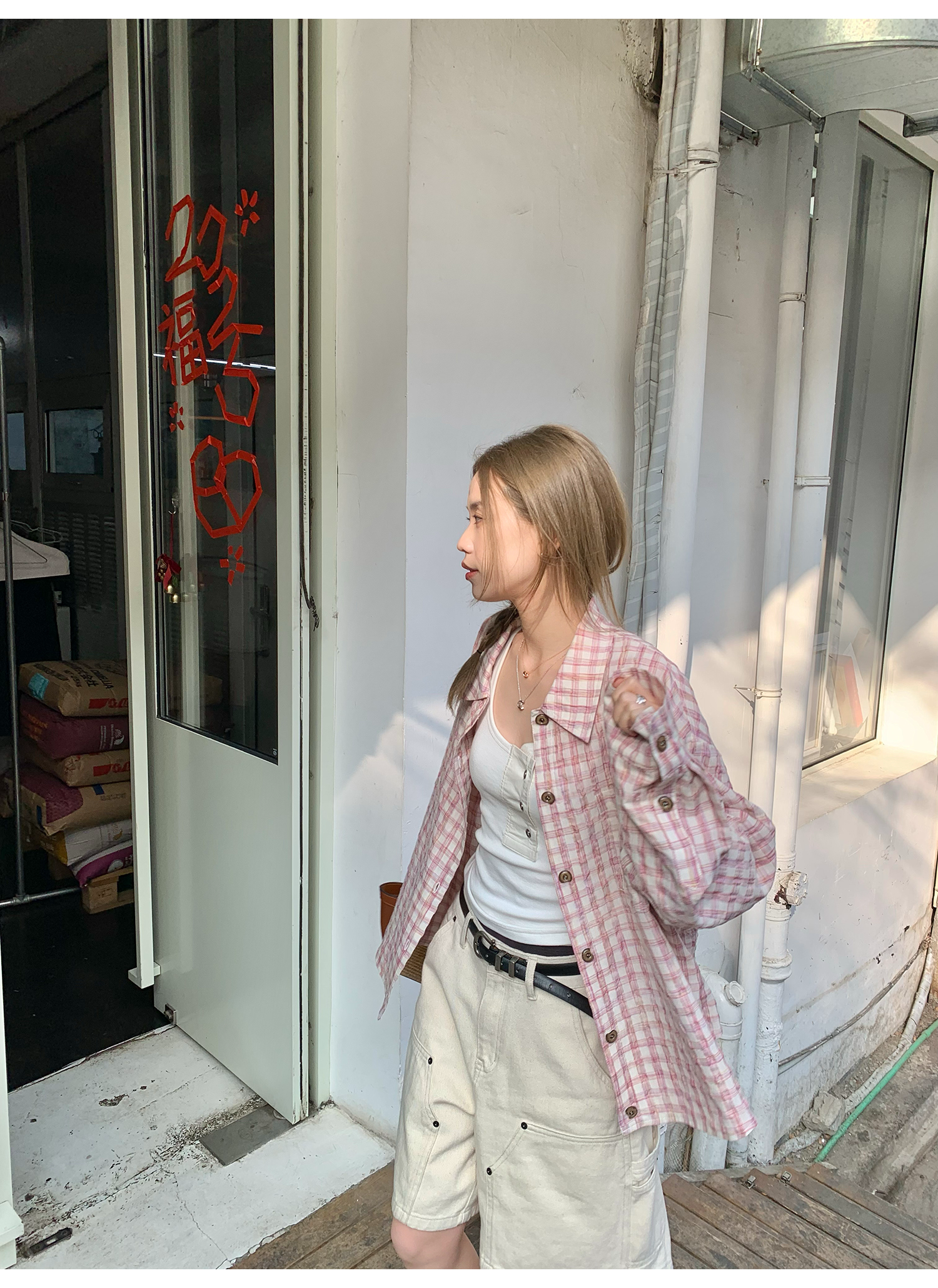 LelyMooch ピンクチェック リネン風　シャツジャケット  LEM119