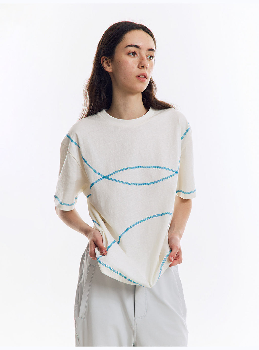 配色ライン半袖Tシャツ  LOM078