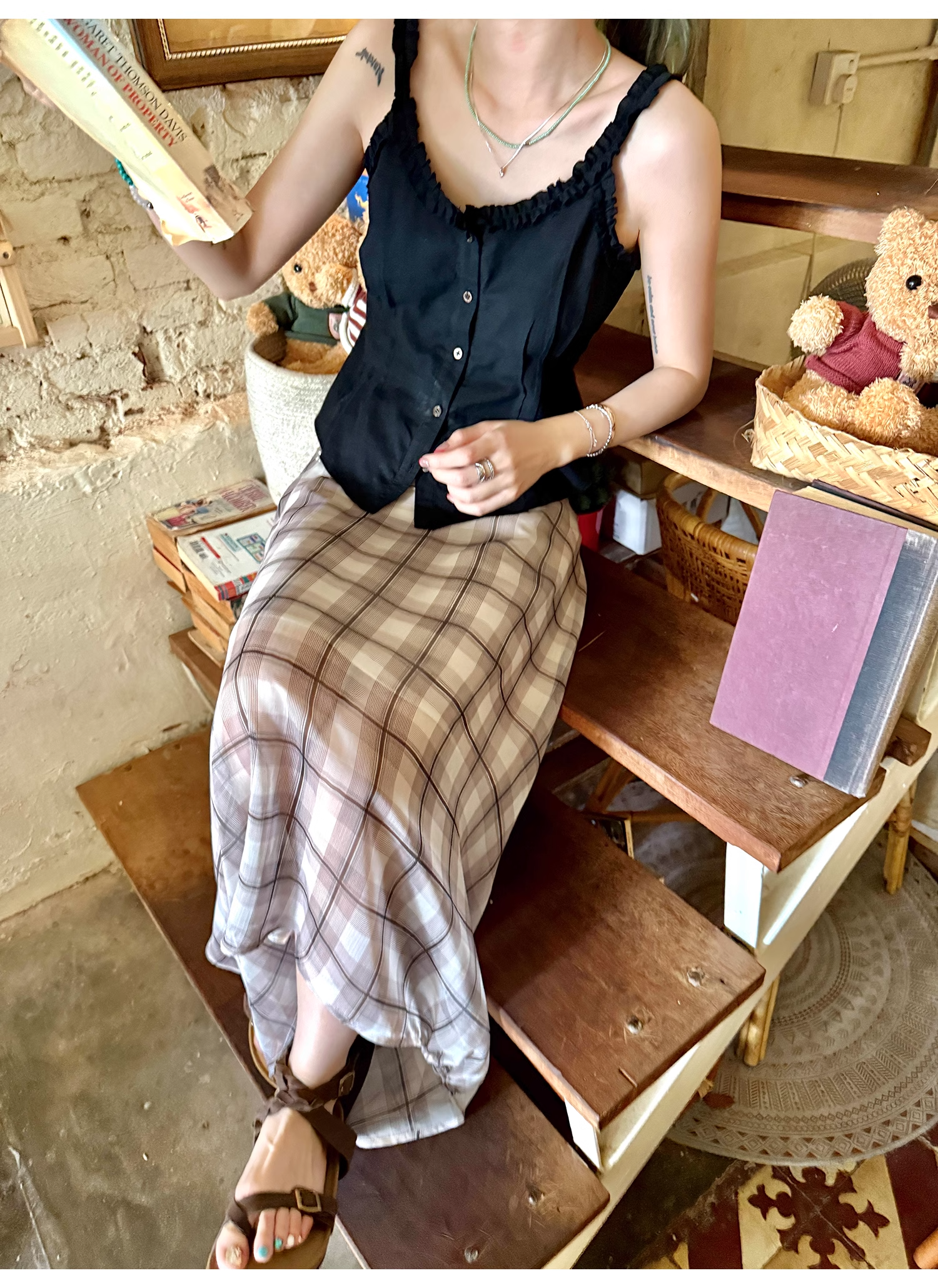 LelyMooch  エレガントフレンチ シフォンチェックスカート  LEM096