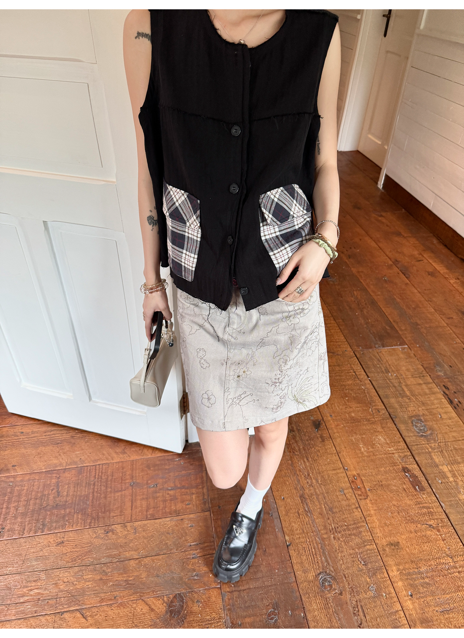 LelyMooch 配色チェック柄ノースリーブベスト  LEM218