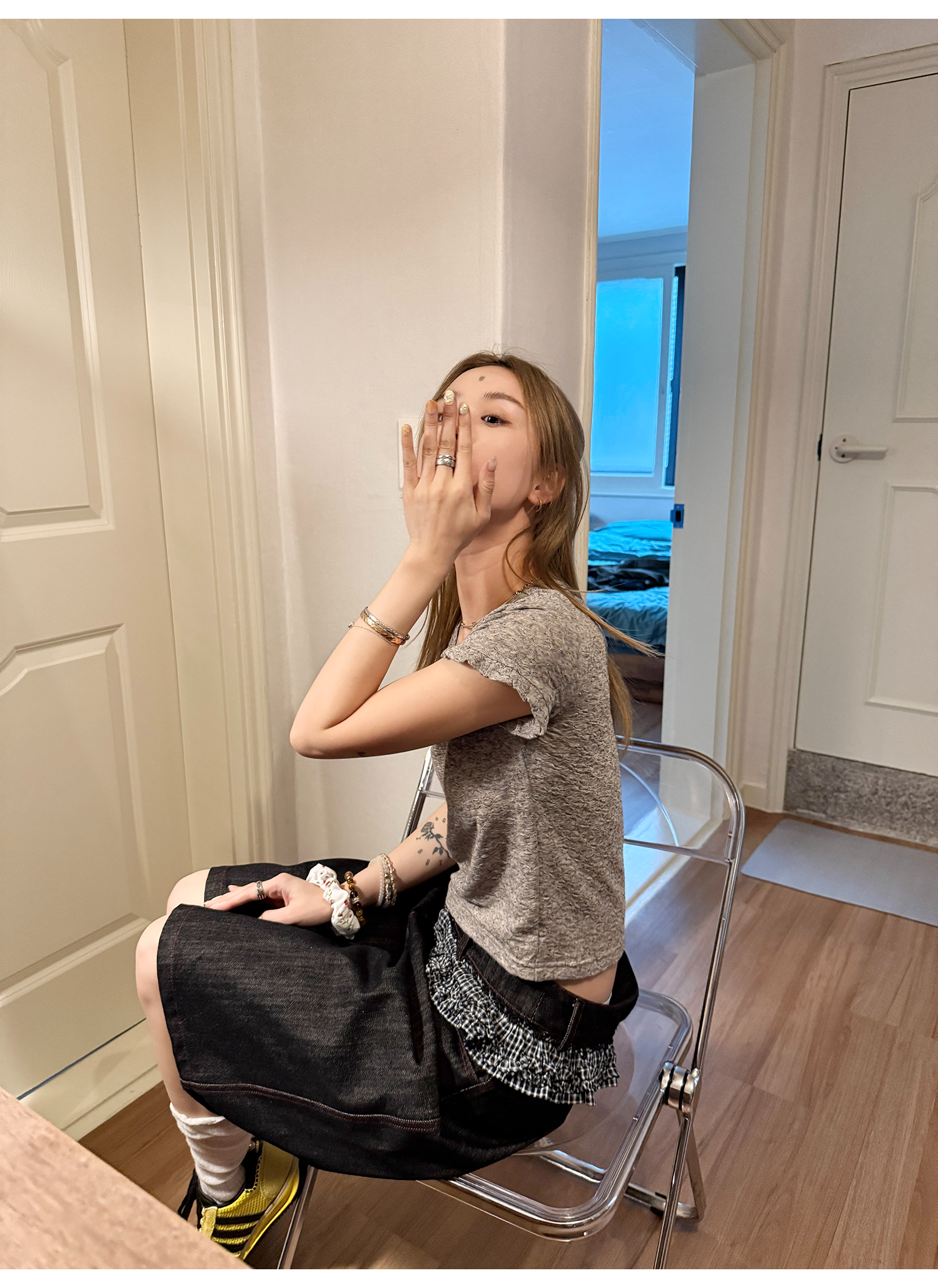 LelyMooch 赤ステッチ×ギンガムデニムハーフパンツ   LEM201