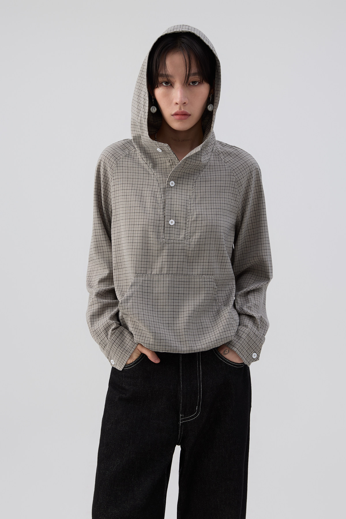ドローコードヘム フーディーチェック柄 長袖シャツ  LOM037