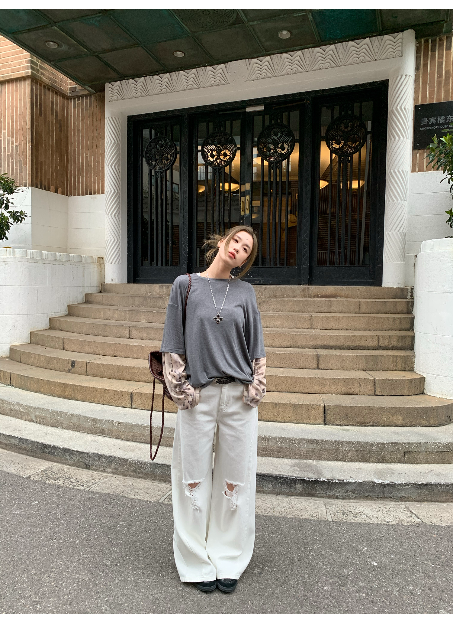 LelyMooch  ホワイト ワイドパンツ（ダメージ加工） LEM116