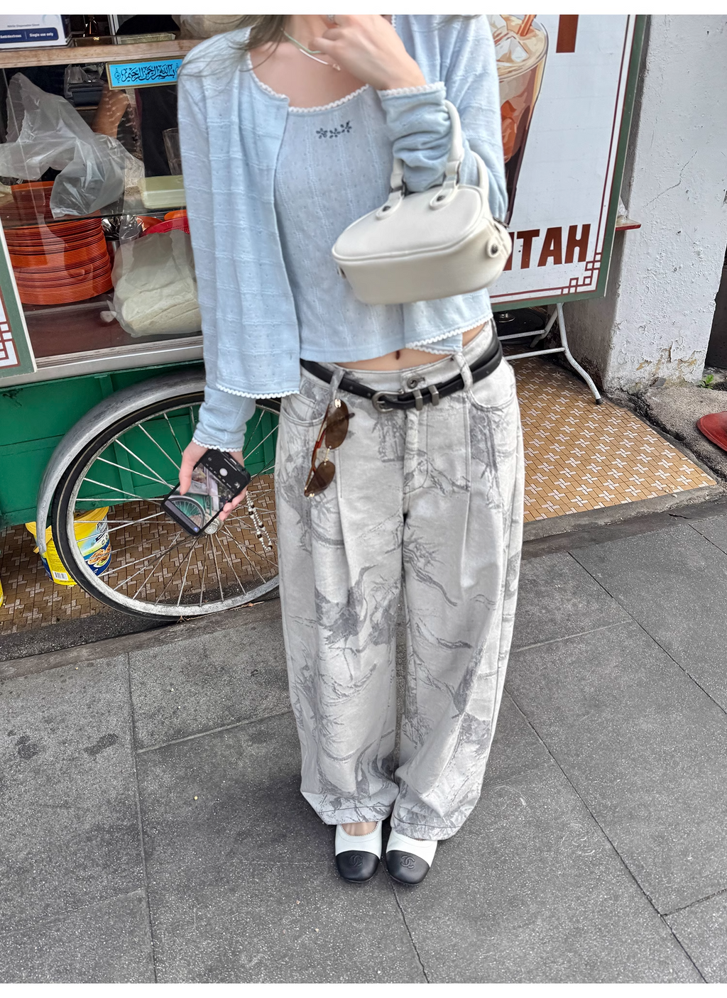 【7日以内にお届け】LelyMooch ヴィンテージ風 ジャカード デニムパンツ LEM109