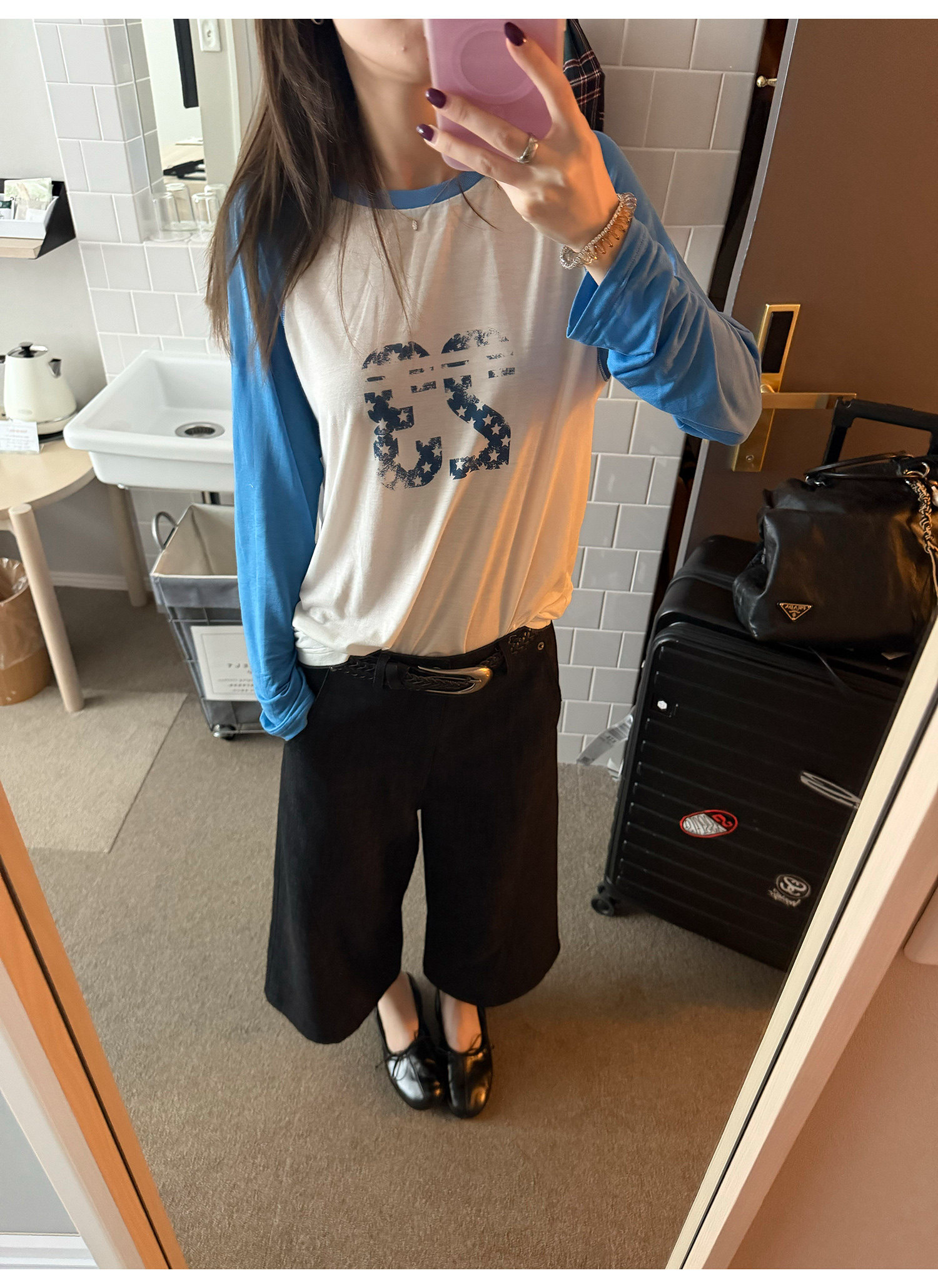 LelyMooch デニム風 スラブ生地 九分丈ワイドパンツ  LEM378