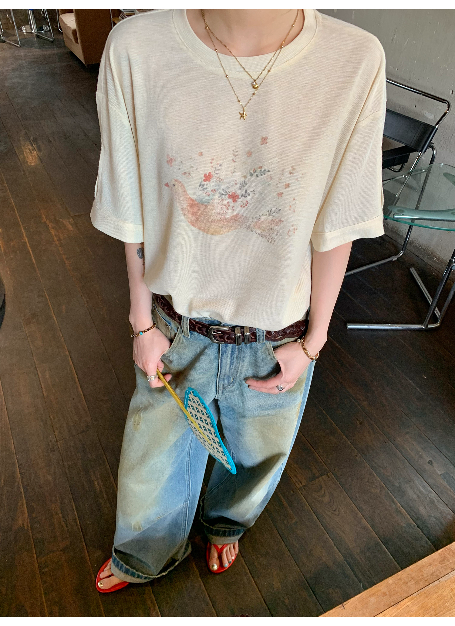 LelyMooch プリント ゆったりシルエット半袖Tシャツ  LEM142