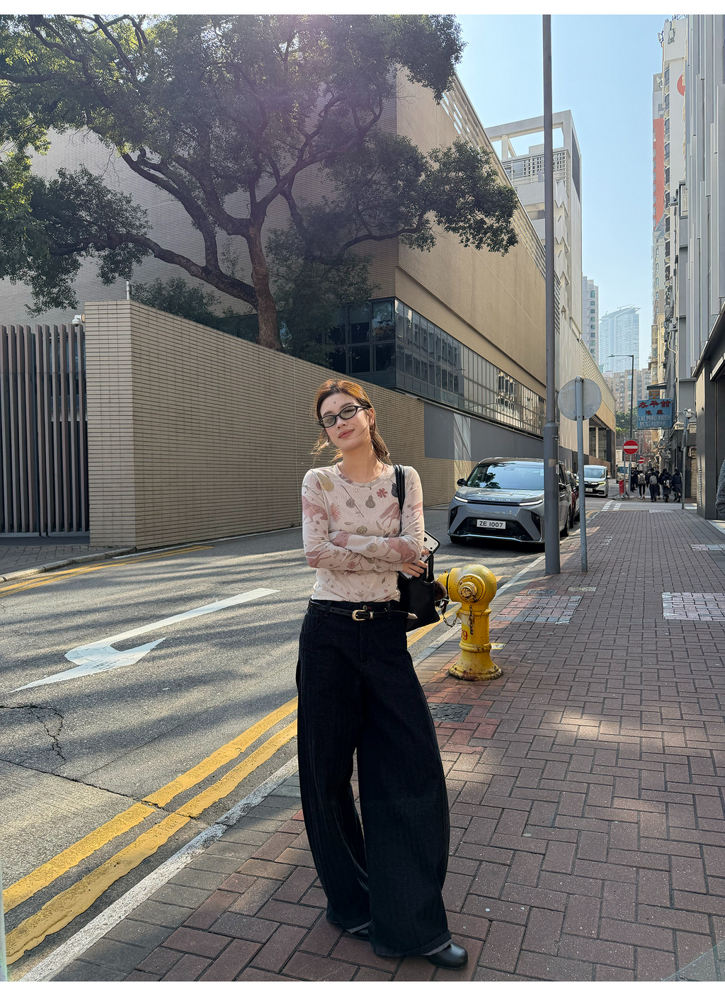 LelyMooch 黒グレー縞柄 すっきりストレートデニム　LEM319