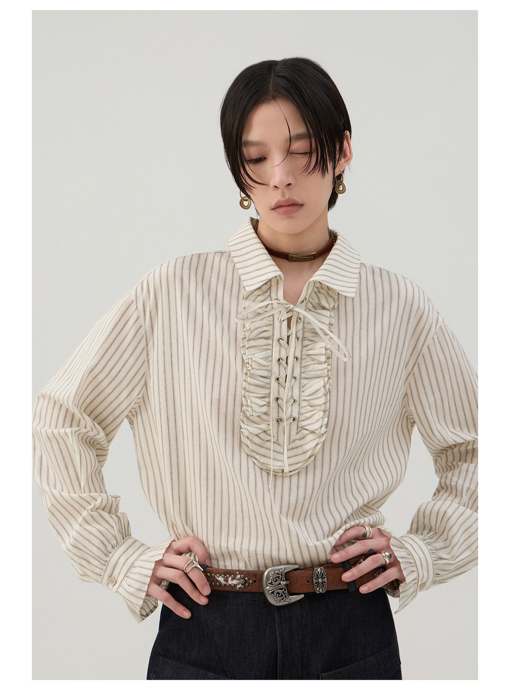 前結びデザイン 縦縞ブラウス  LOM042