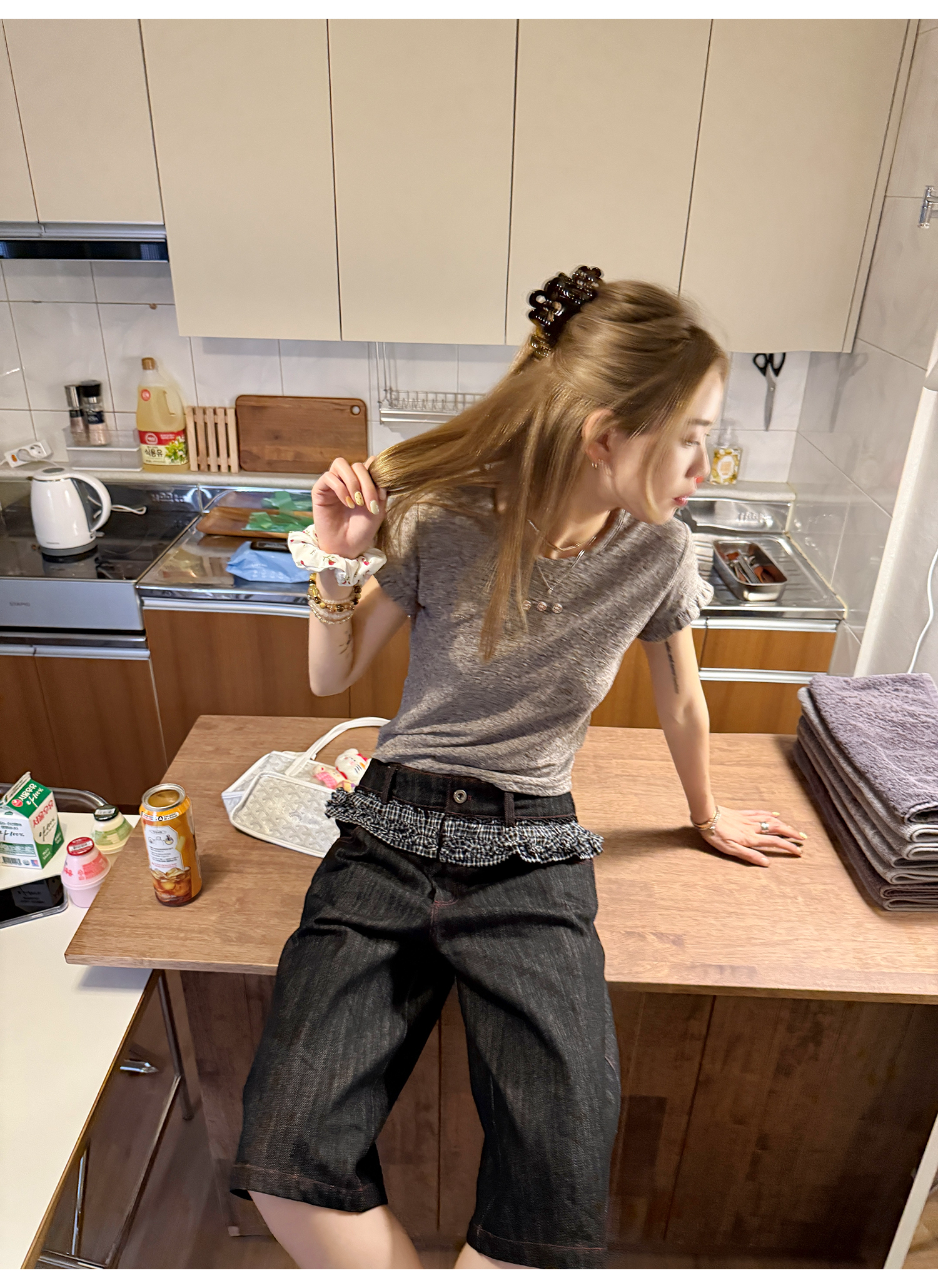 LelyMooch 赤ステッチ×ギンガムデニムハーフパンツ   LEM201