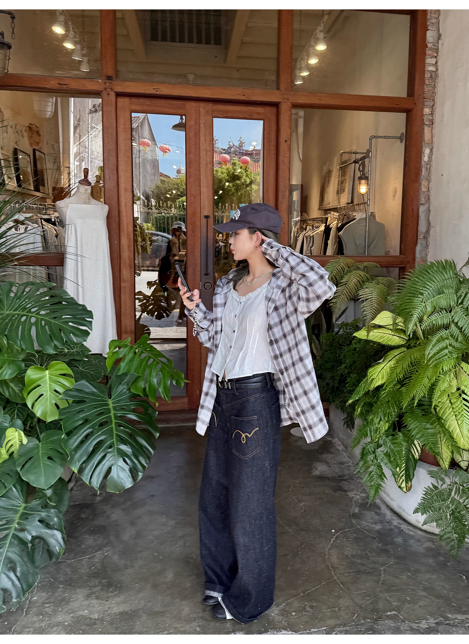 LelyMooch  フード付きミディ丈長袖チェックシャツ  LEM101