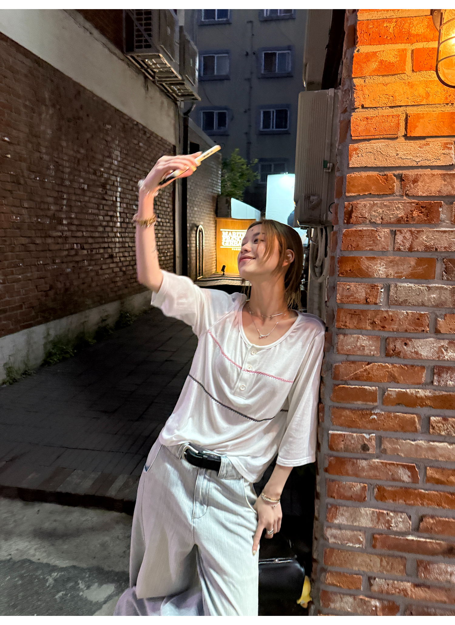 LelyMooch シアー素材×配色ステッチ ヘンリーネック七分袖  LEM178