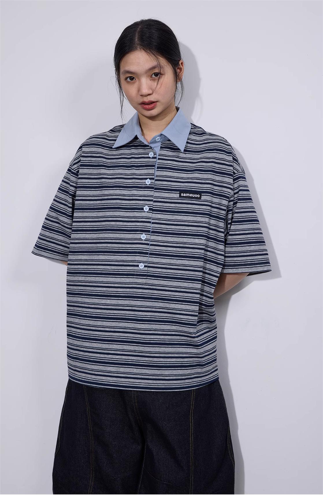 ポロカラー ストライプ半袖Tシャツ  LOM016