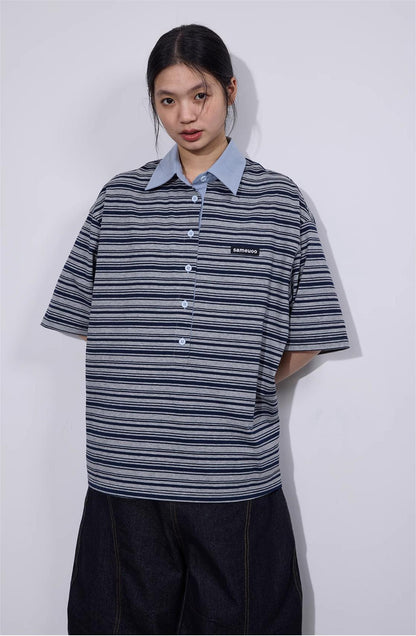 LoomL  ポロカラー ストライプ半袖Tシャツ  LOM016