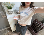 LelyMooch リネン混サマーニット ロゴ刺繍半袖トップス  LEM370