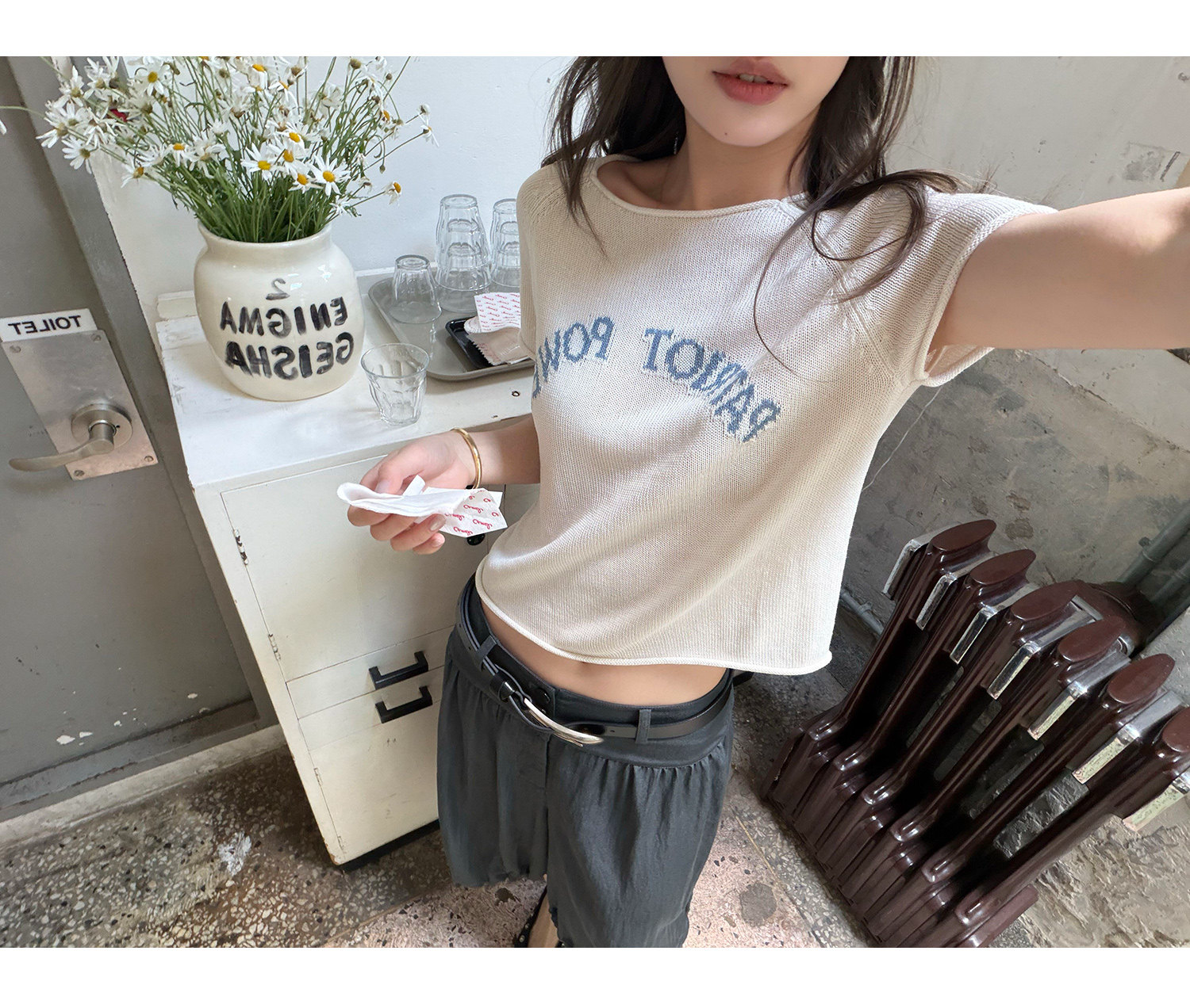 LelyMooch リネン混サマーニット ロゴ刺繍半袖トップス  LEM370