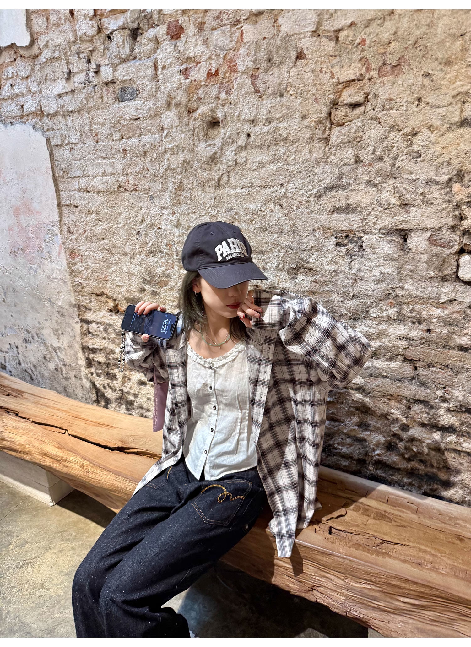 LelyMooch  フード付きミディ丈長袖チェックシャツ  LEM101