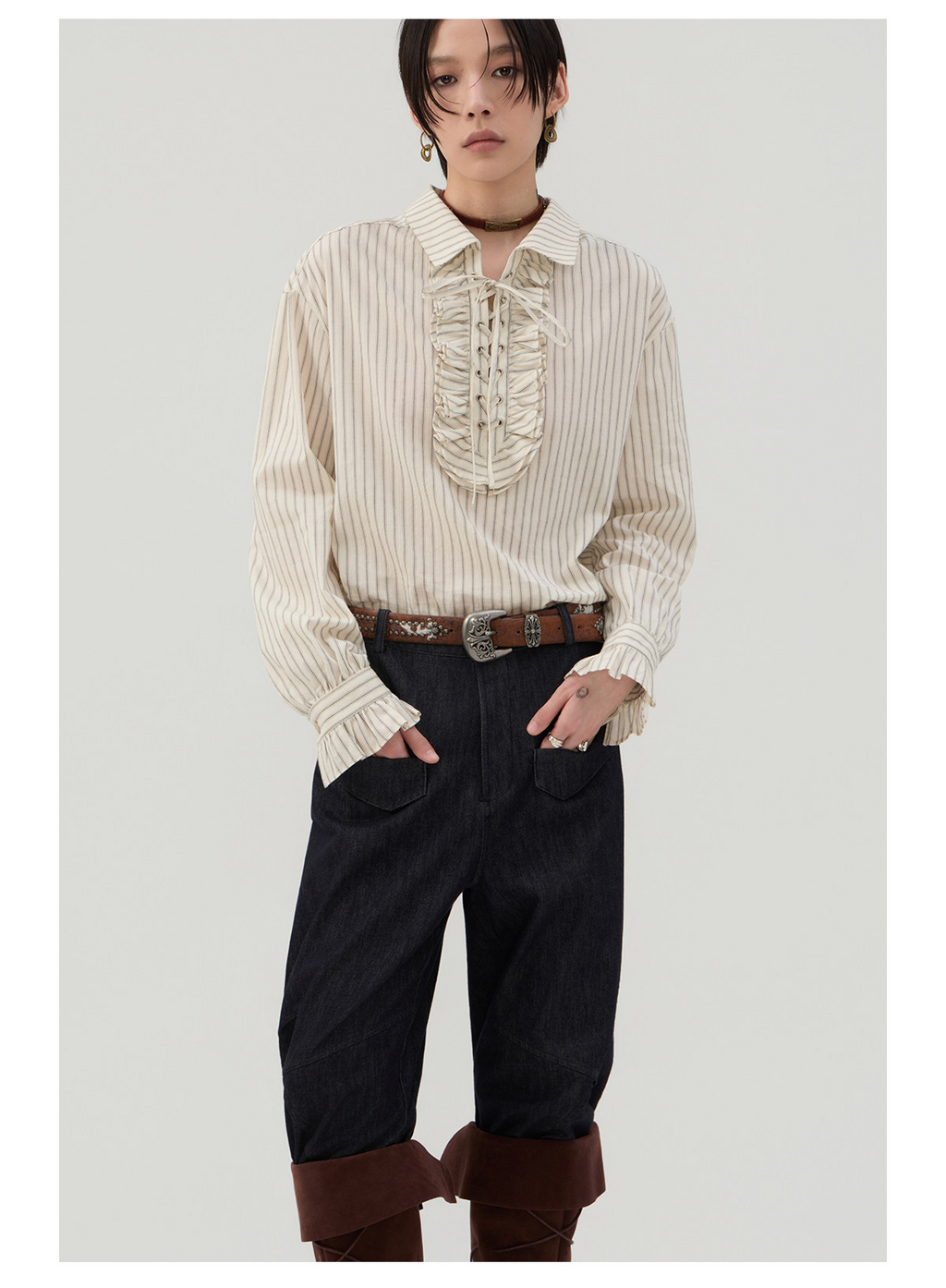 前結びデザイン 縦縞ブラウス  LOM042