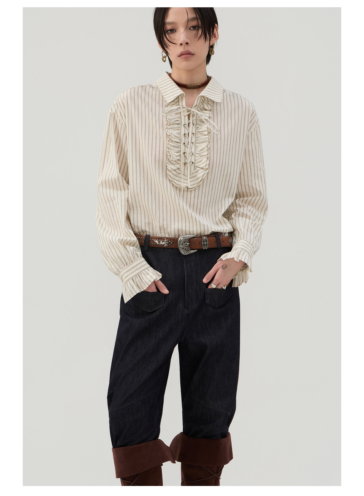 前結びデザイン 縦縞ブラウス  LOM042