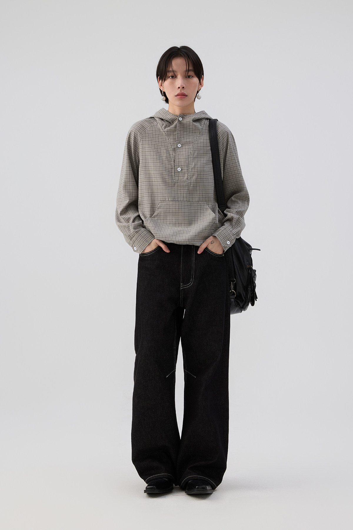 ドローコードヘム フーディーチェック柄 長袖シャツ  LOM037