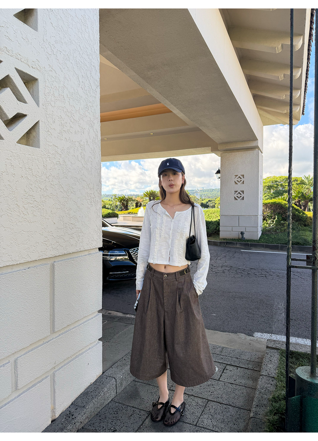 LelyMooch 配色ウエスト アジャスター付きタックキュロットパンツ  LEM396