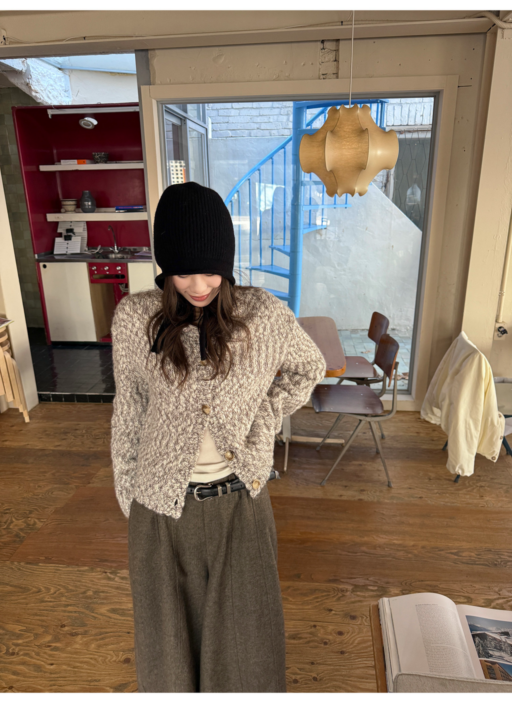 LelyMooch ウール混 ミックス編み ゆるニットカーデ  LEM313