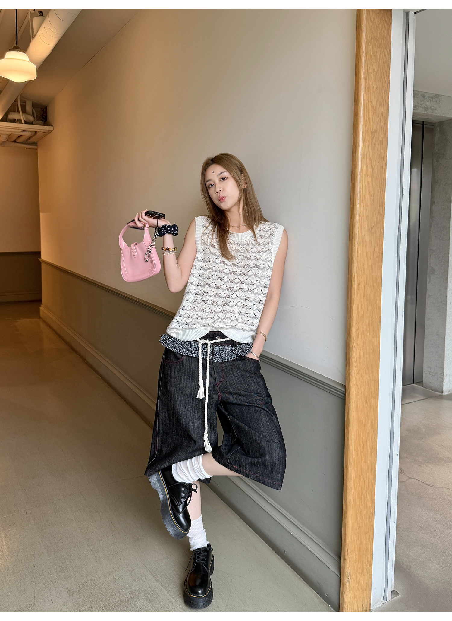 LelyMooch 赤ステッチ×ギンガムデニムハーフパンツ   LEM201