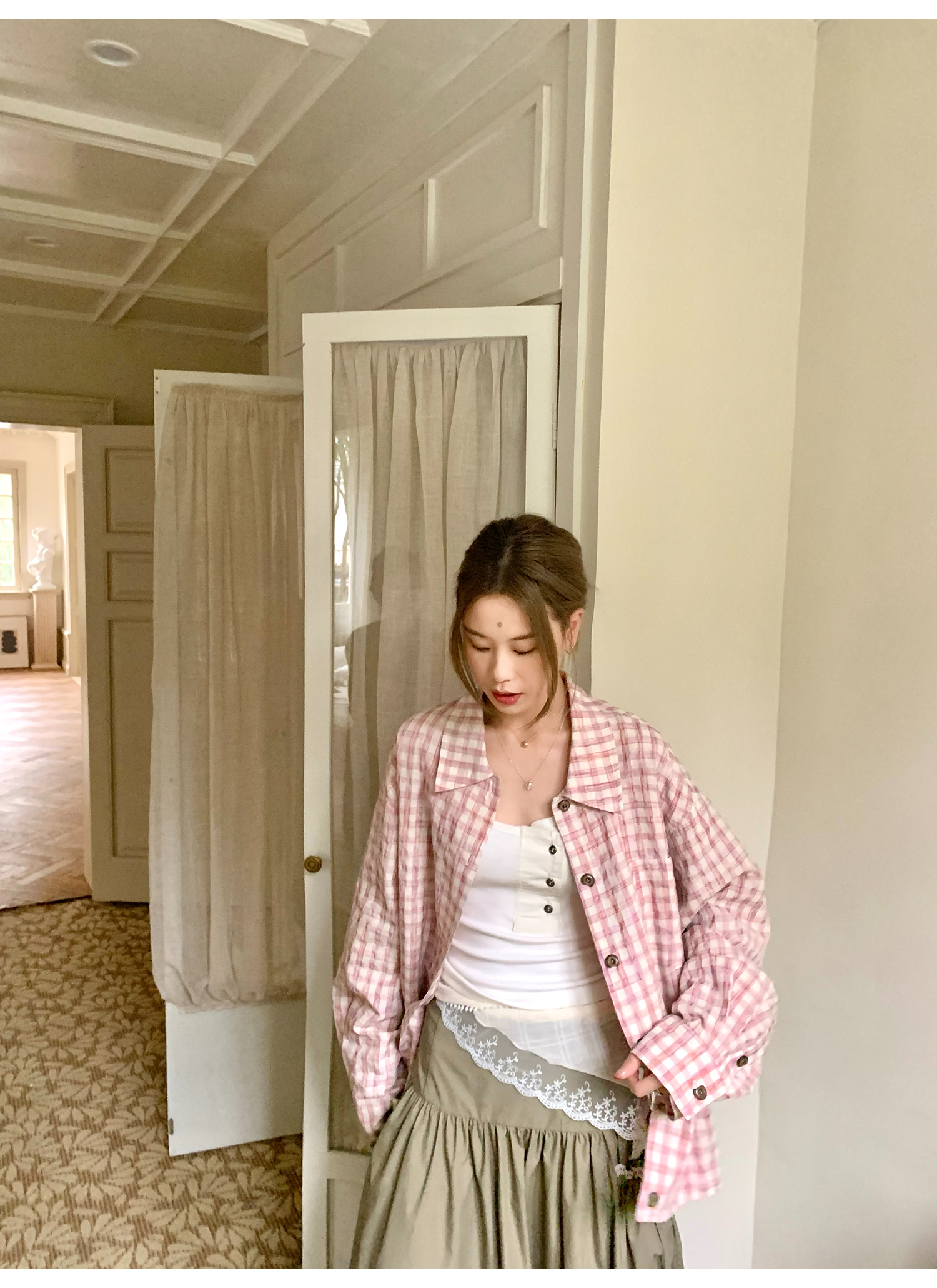 LelyMooch ピンクチェック リネン風　シャツジャケット  LEM119