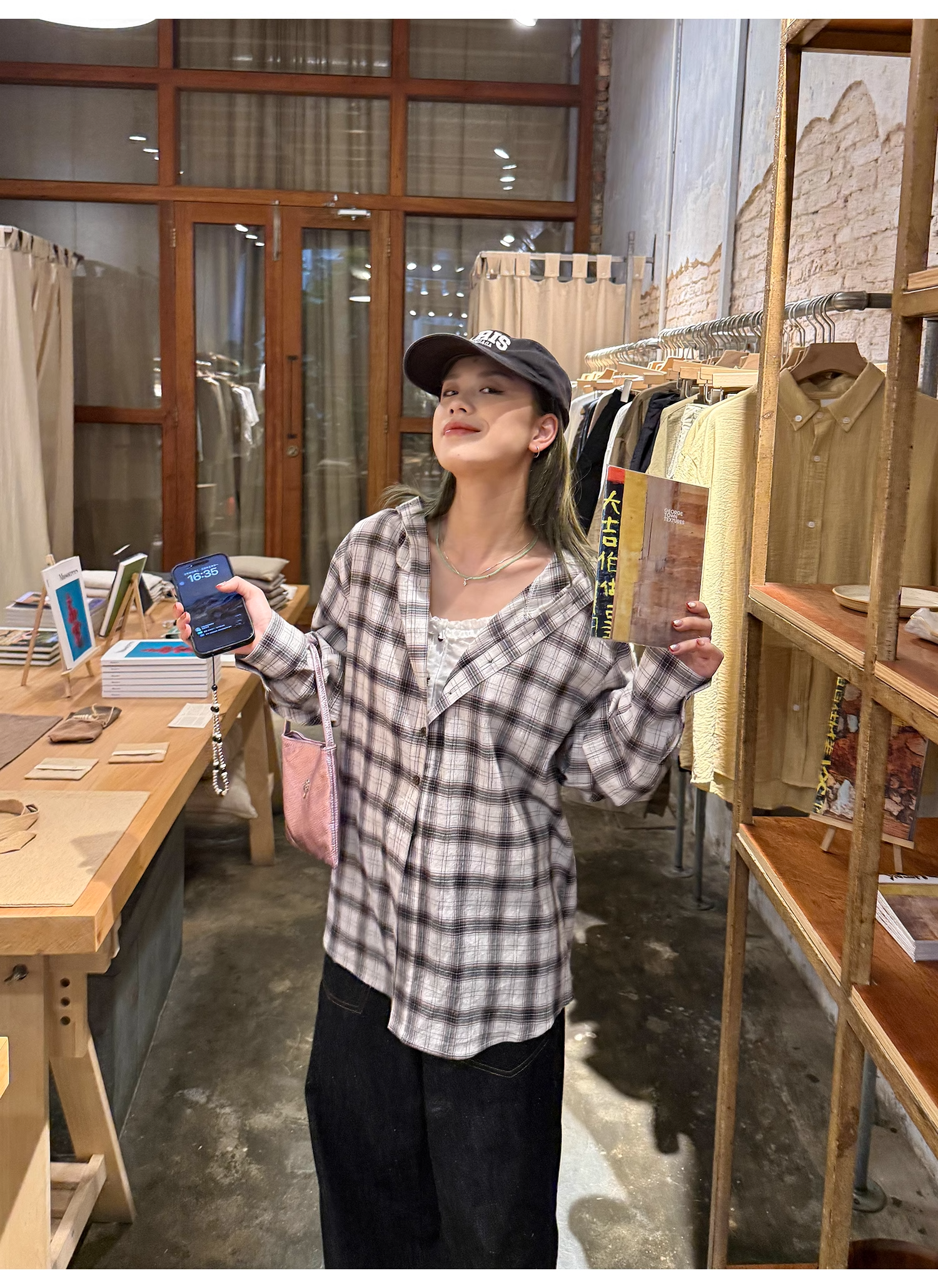 LelyMooch  フード付きミディ丈長袖チェックシャツ  LEM101