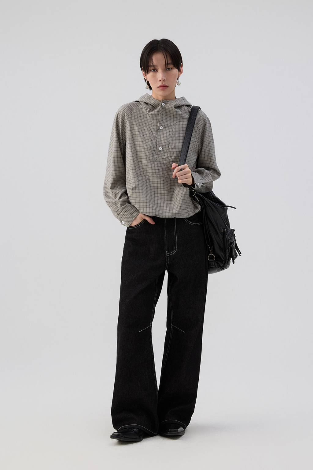 ドローコードヘム フーディーチェック柄 長袖シャツ  LOM037