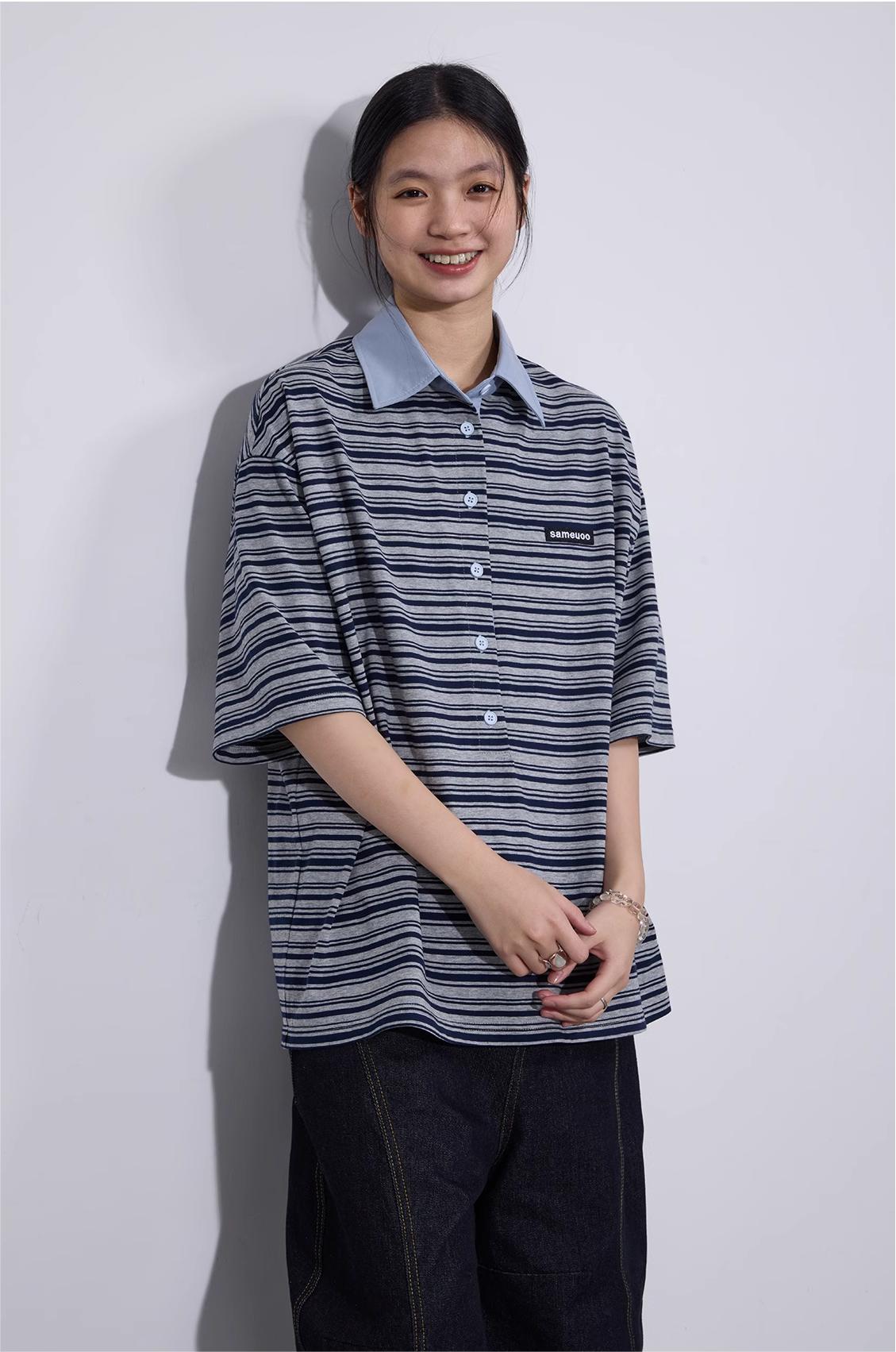 ポロカラー ストライプ半袖Tシャツ  LOM016