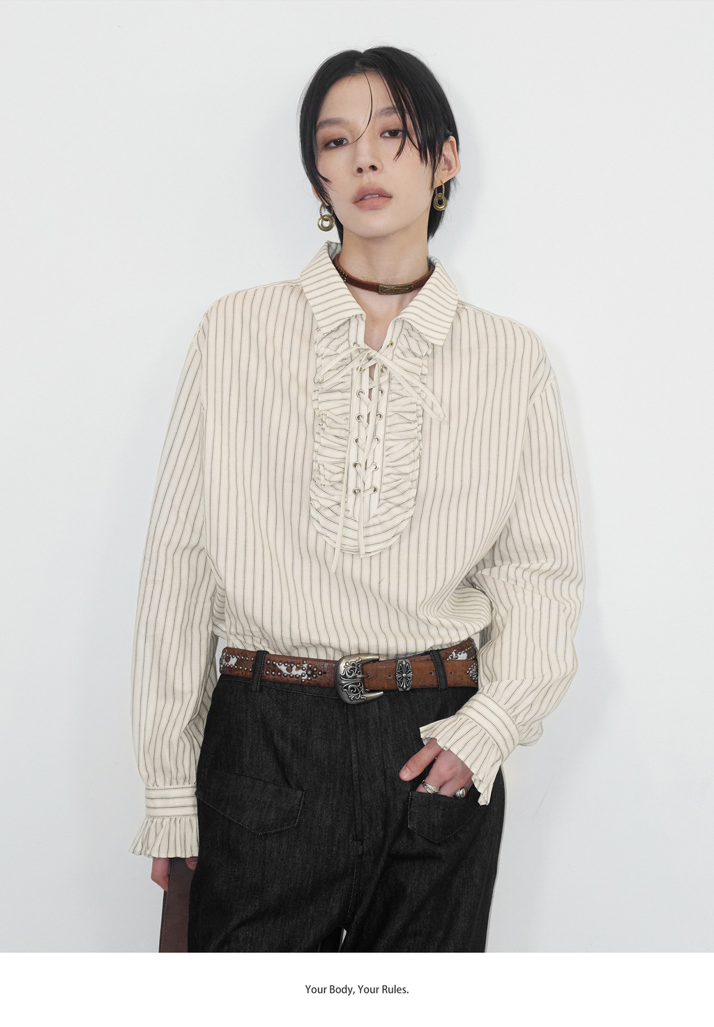 前結びデザイン 縦縞ブラウス  LOM042