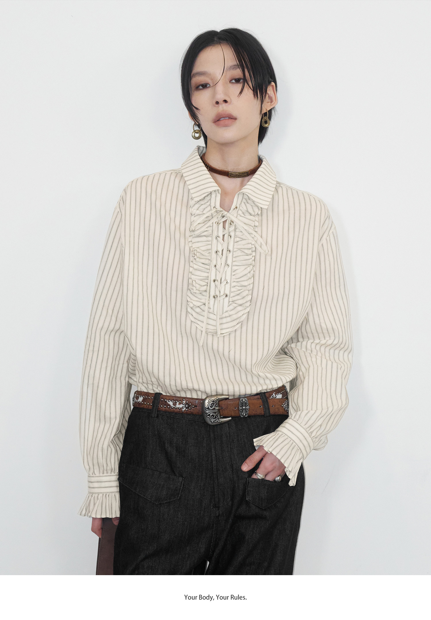 前結びデザイン 縦縞ブラウス  LOM042