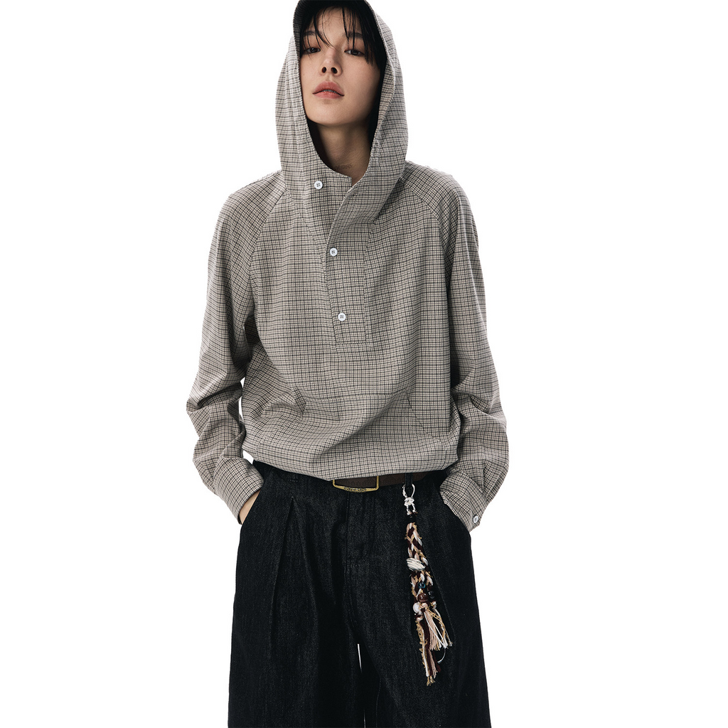 ドローコードヘム フーディーチェック柄 長袖シャツ  LOM037