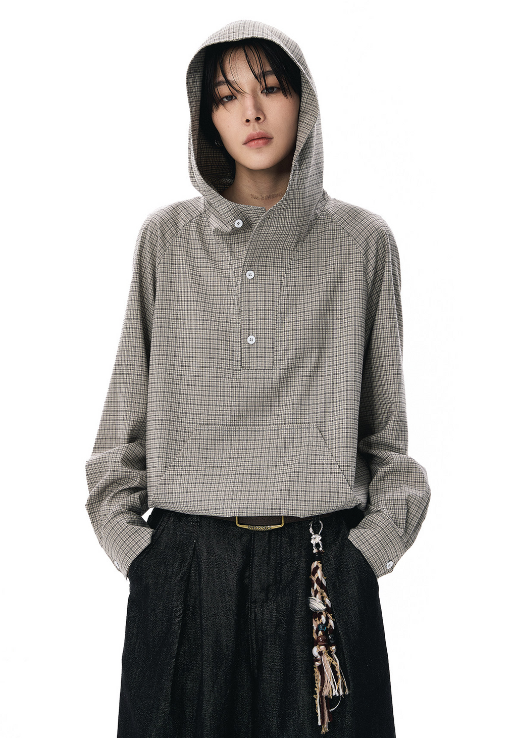 ドローコードヘム フーディーチェック柄 長袖シャツ  LOM037