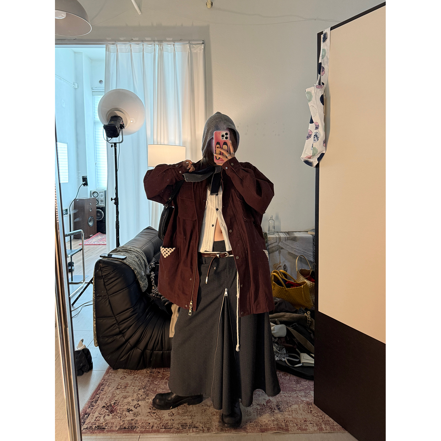 LelyMooch テクスチャ素材 前ジップ ミディスカート  LEM232