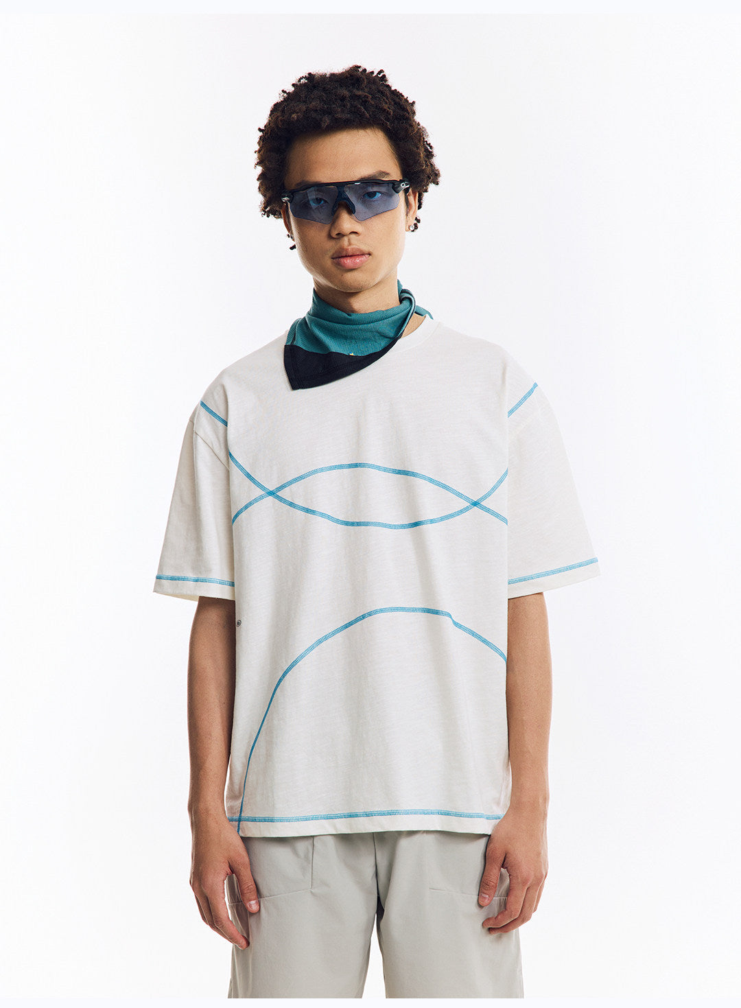 配色ライン半袖Tシャツ  LOM078