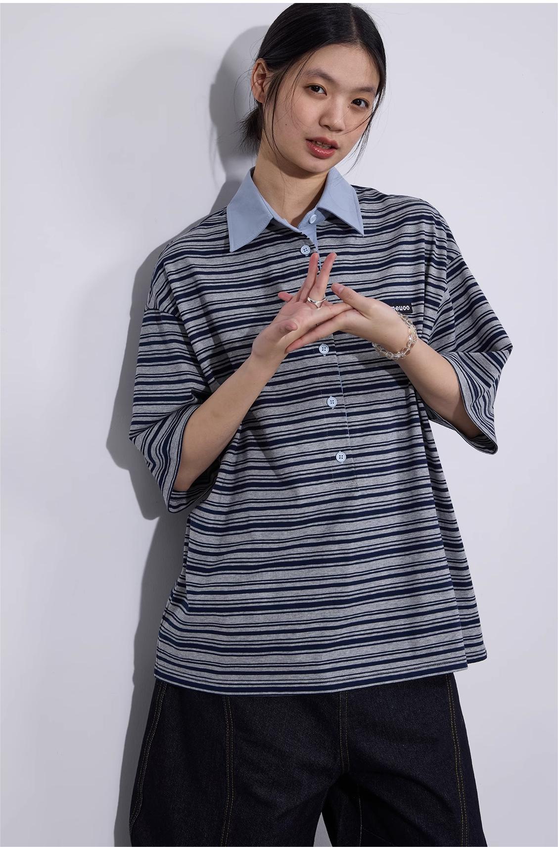 LoomL  ポロカラー ストライプ半袖Tシャツ  LOM016
