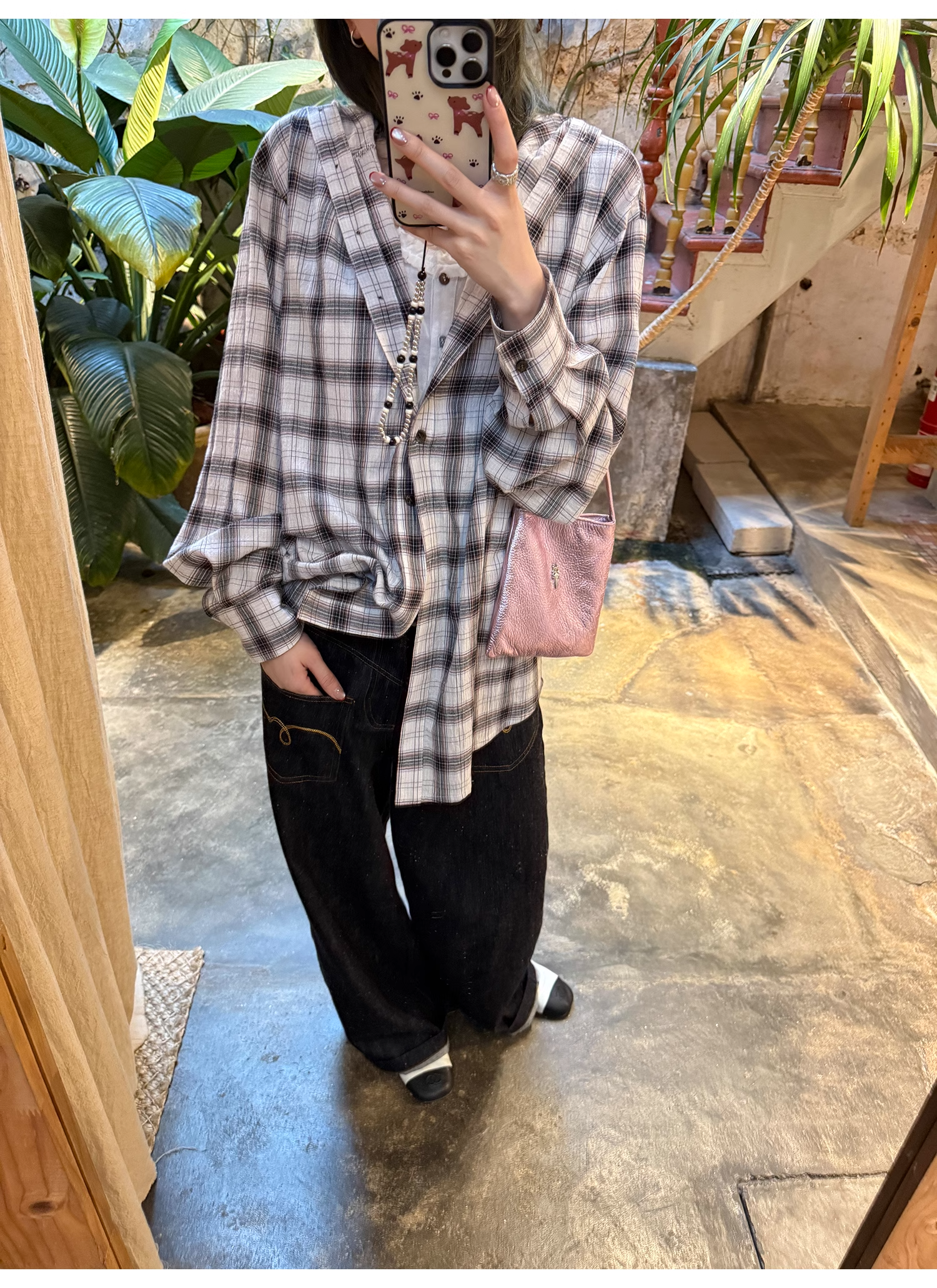 LelyMooch  フード付きミディ丈長袖チェックシャツ  LEM101