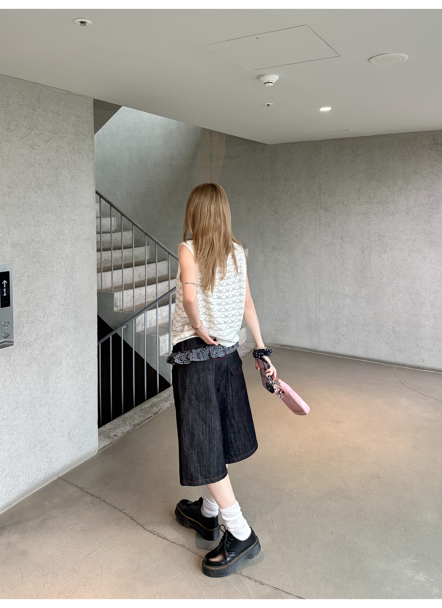 LelyMooch 赤ステッチ×ギンガムデニムハーフパンツ   LEM201