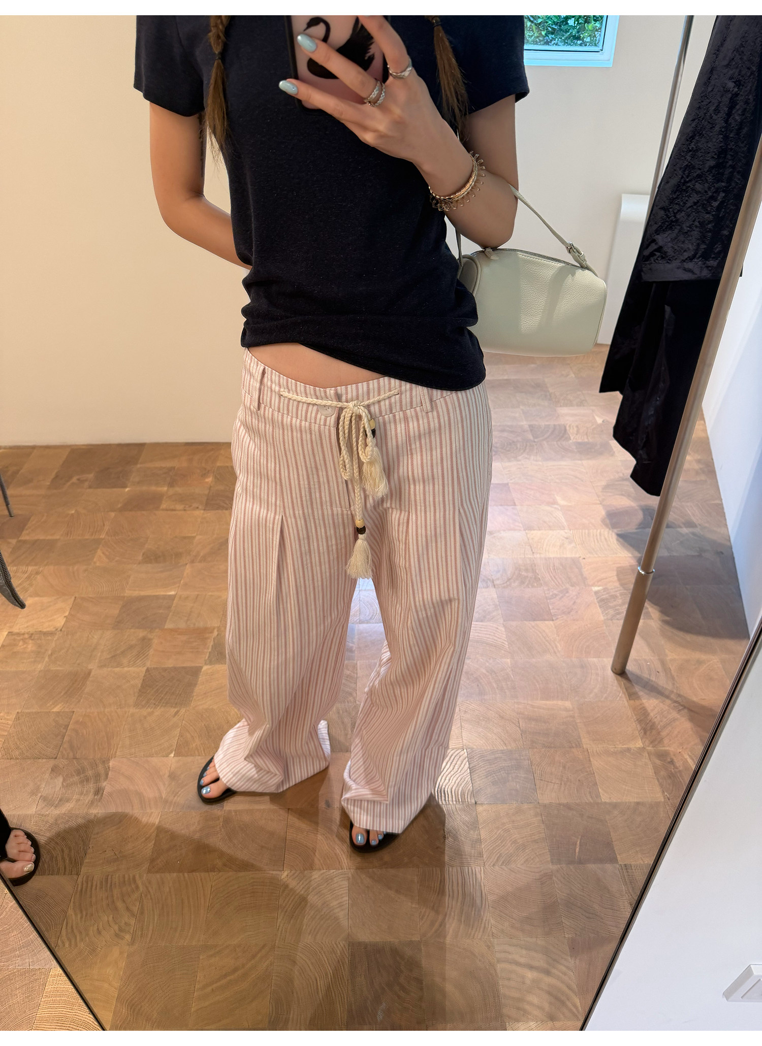 LelyMooch 手編みビーズ紐 コットンストライプイージーパンツ  LEM348