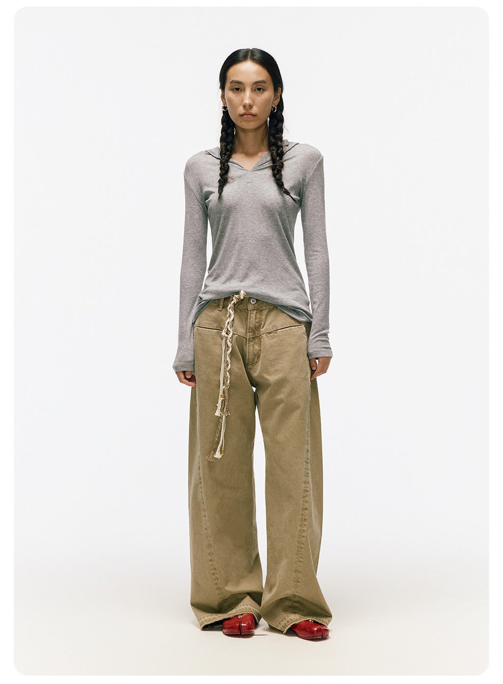 ムラ感デニム 断ち切り仕様 紐プレゼント イージーワイドパンツ LOM041